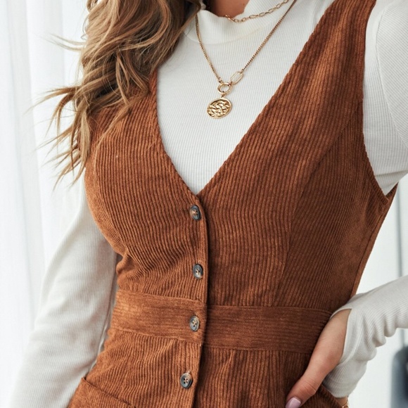 Button down corduroy pocket brown mini dress - Picture 2 of 7